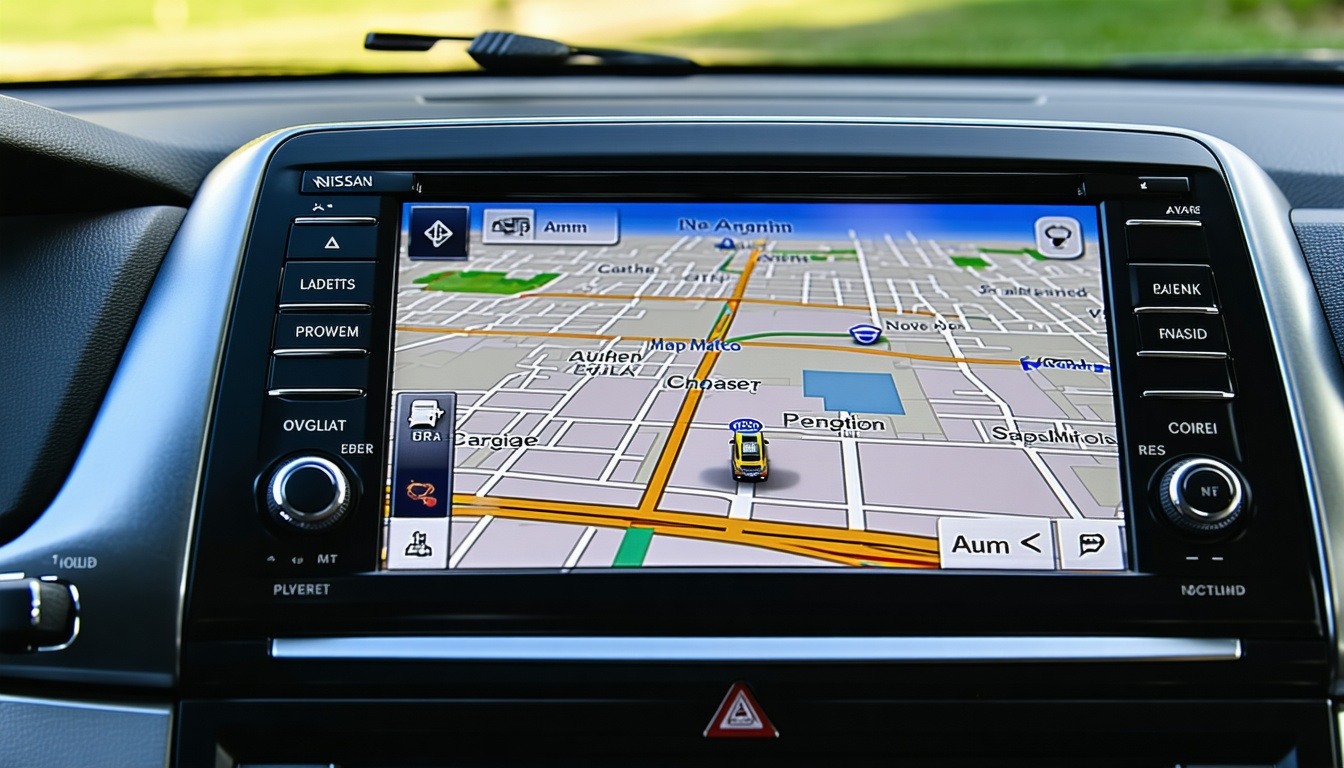 A Nissan car dashboard with the navigation system