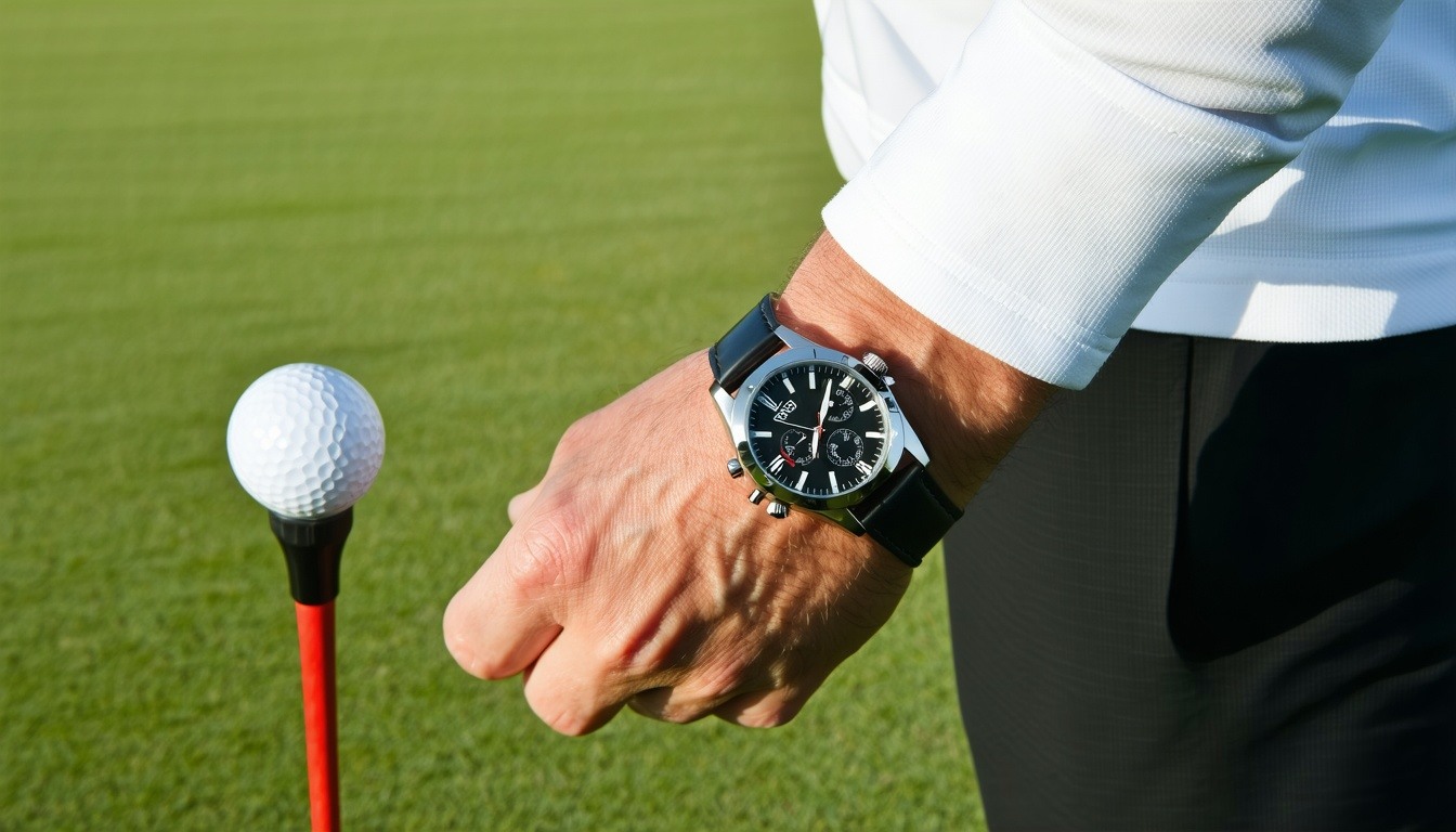 A close-up shot of a golfer wearing a stylish golf