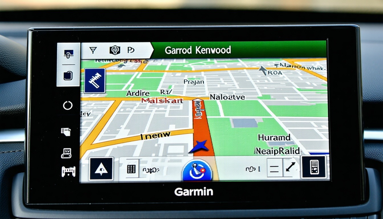 A car dashboard with a Garmin Kenwood GPS displayi