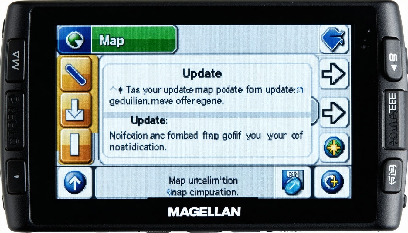 A close-up of a Magellan GPS device showing a map