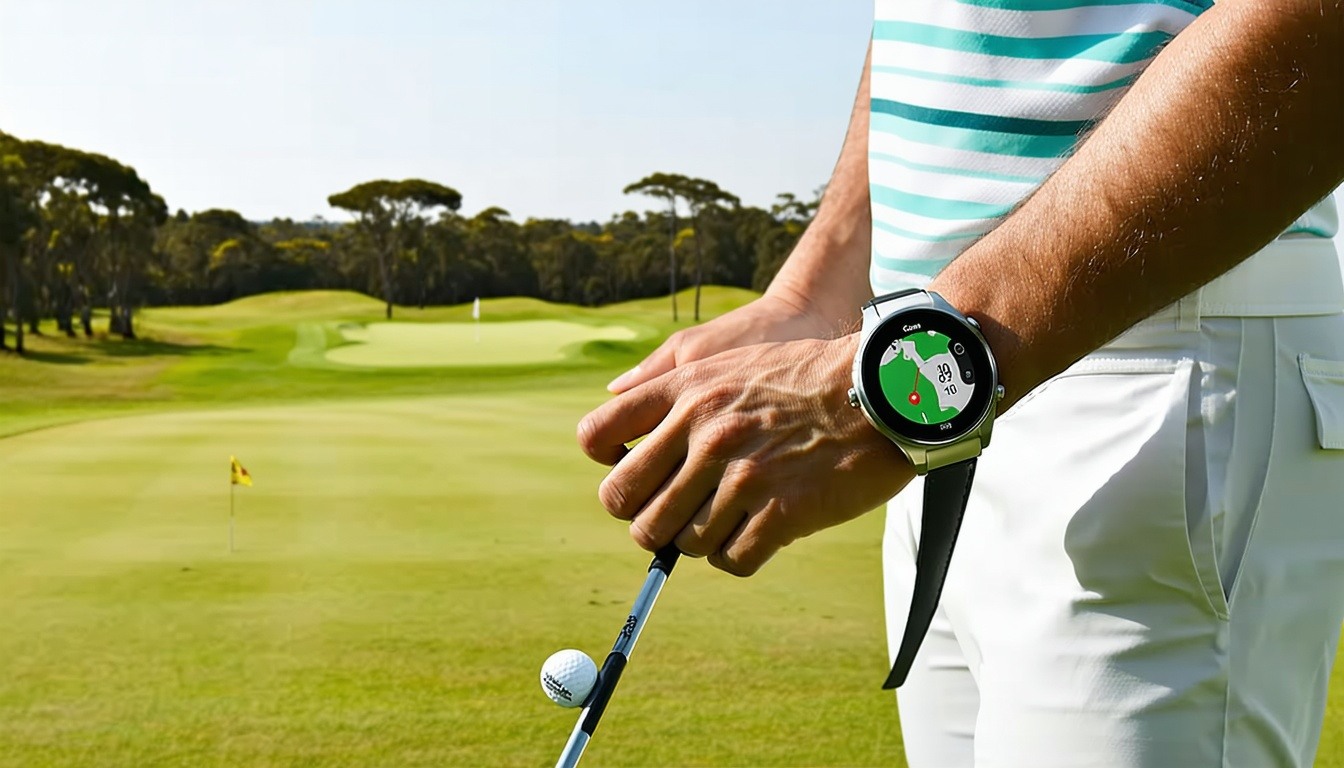 A golfer checking their Garmin golf watch on a lus