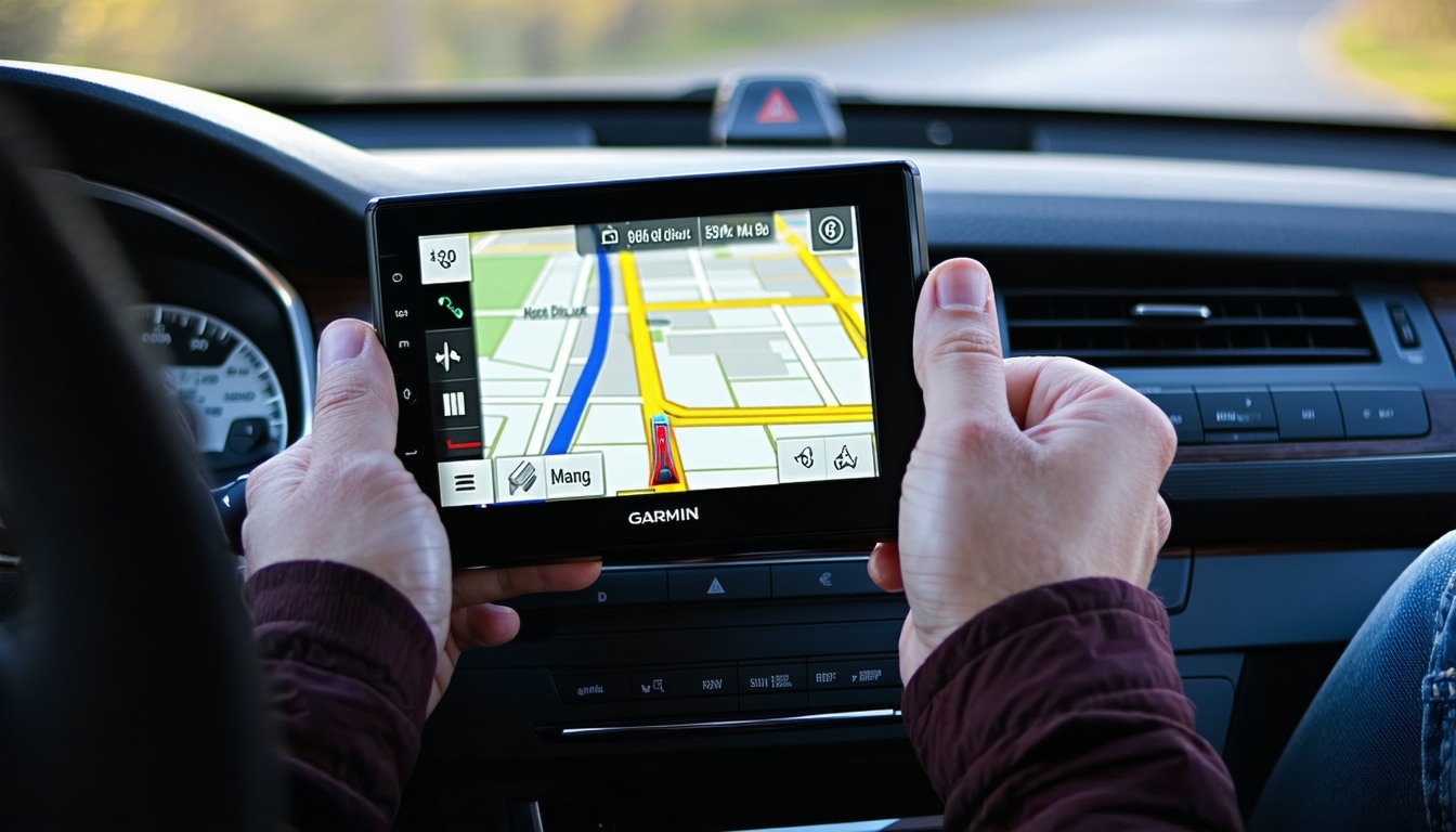 A person holding a Garmin GPS device in a car, wit