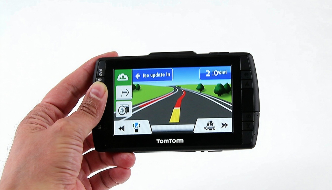 A person holding a TomTom GPS device with a progre