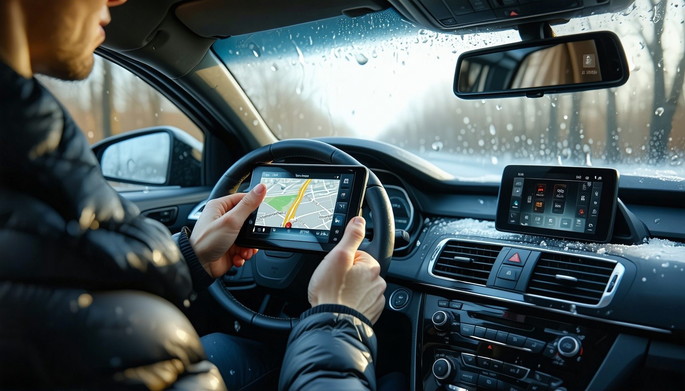A person using a Navruf GPS device in a car, with