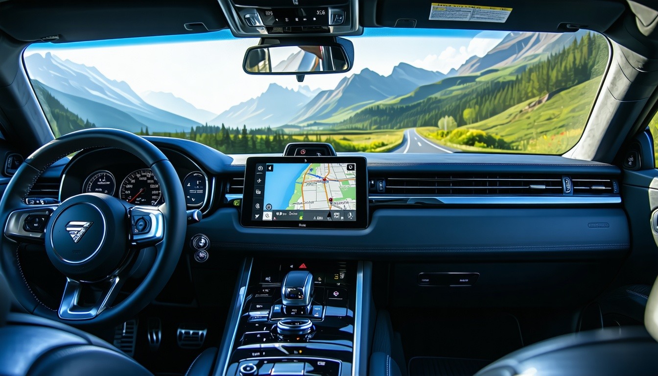 A sleek car dashboard featuring a Garmin GPS navig